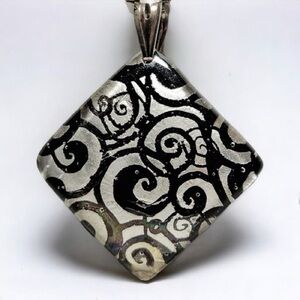 Vintage Original Murano Glass Black Silver Swirls Design .925 Sterling Pendant